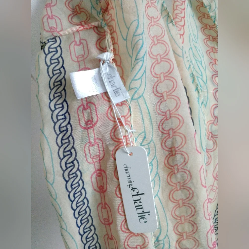 NEW Charming Charlie Infinity Scarf Beige with Multicolor Chain Print Sheer